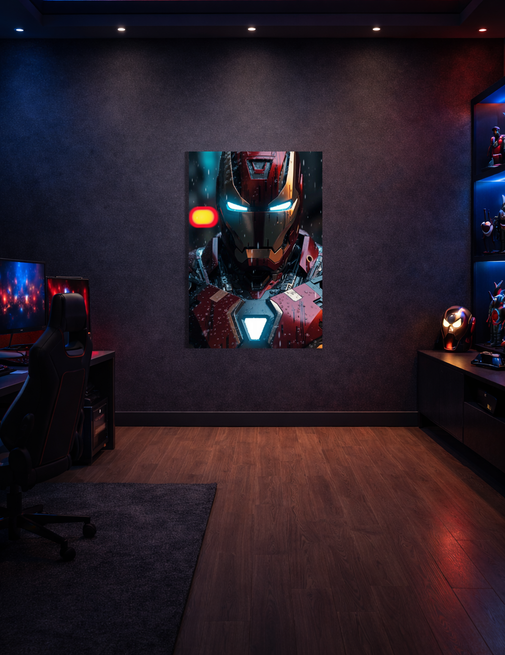 ⚡ Iron Man Zırh Detayı Metal Tablo – 🌧️ Karanlık & Sinematik Marvel Duvar Dekoru