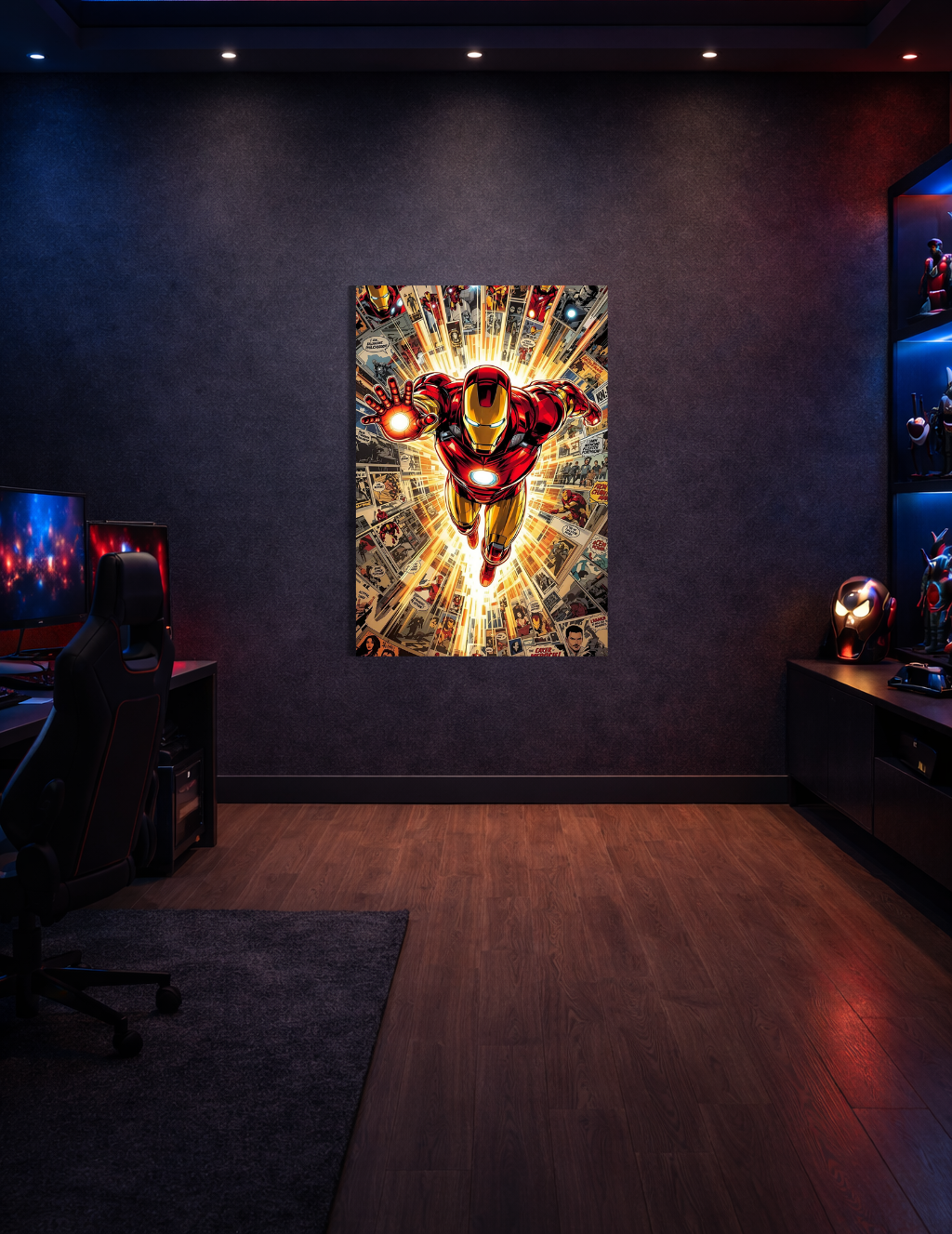 💥 Iron Man Uçuş Sahnesi Metal Tablo – 📚 Çizgi Roman Tarzı Marvel Duvar Dekoru