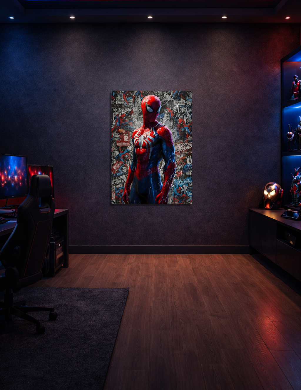 🕸️ Spider-Man Klasik Kostüm Metal Tablo – 🎨 Çizgi Roman Arka Planlı Marvel Duvar Dekoru
