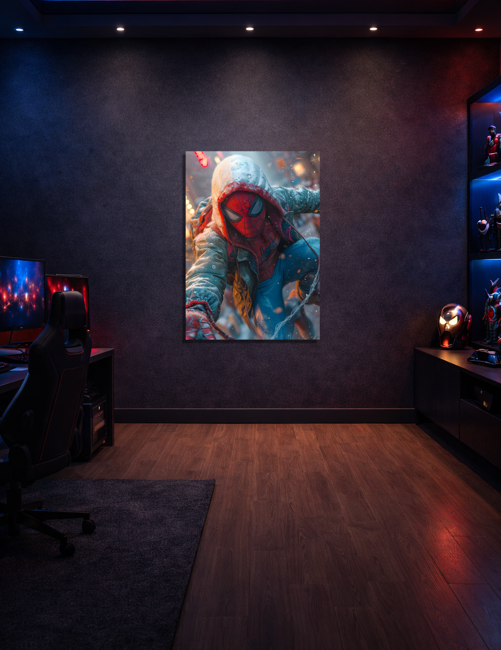 ❄️ Spider-Man Kış Şehri Metal Tablo – 🧥 Sinematik & Modern Marvel Duvar Dekoru