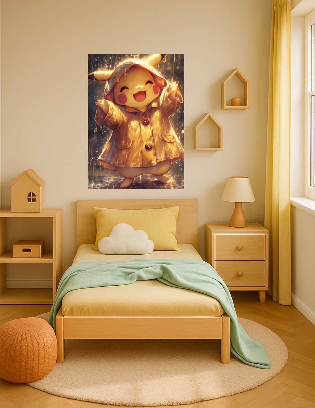 🎨 Pikachu – Yağmurun Altında Altın Gülüş Metal Tablo