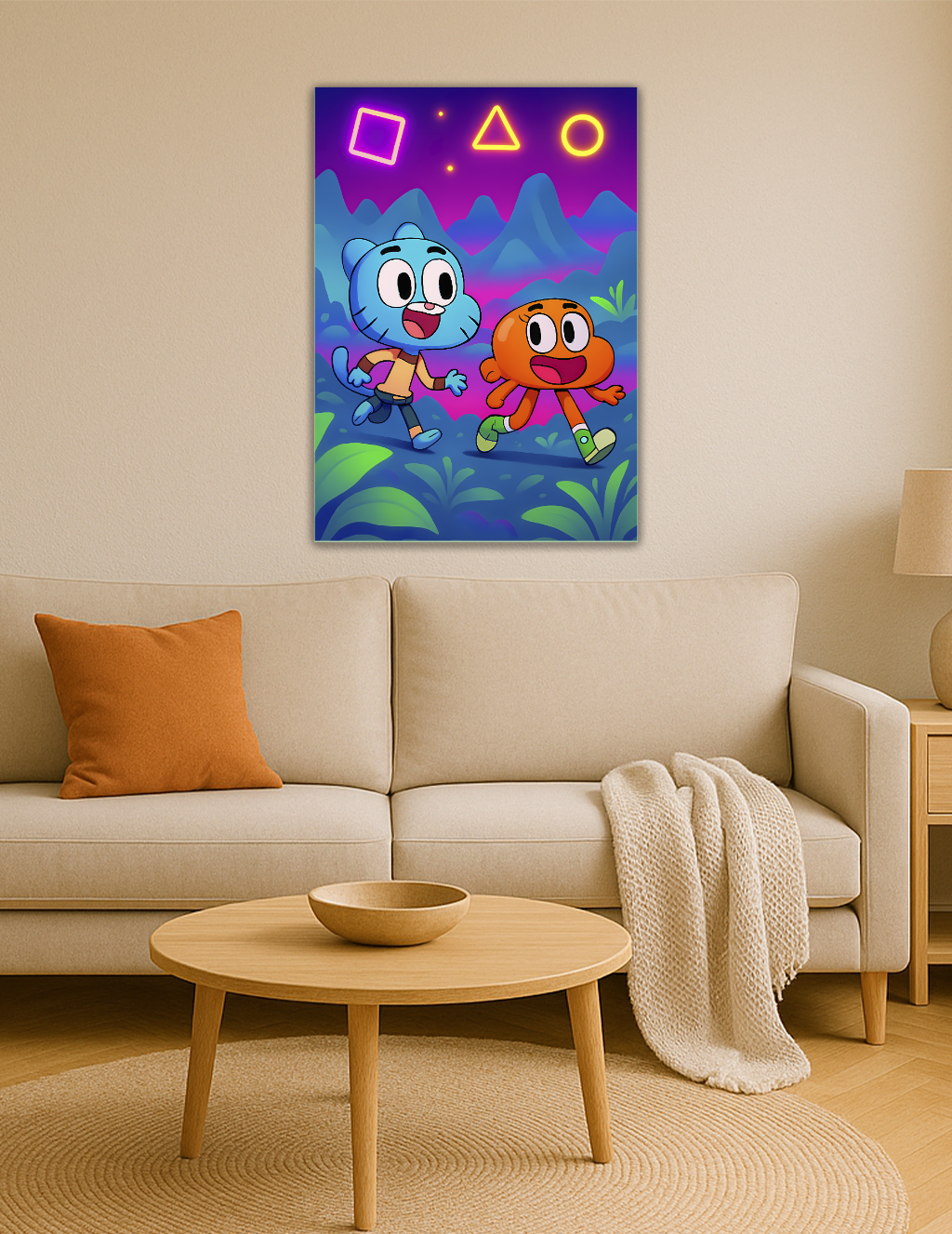 🎨 Gumball & Darwin – Neon Semboller Diyarı Metal Tablo