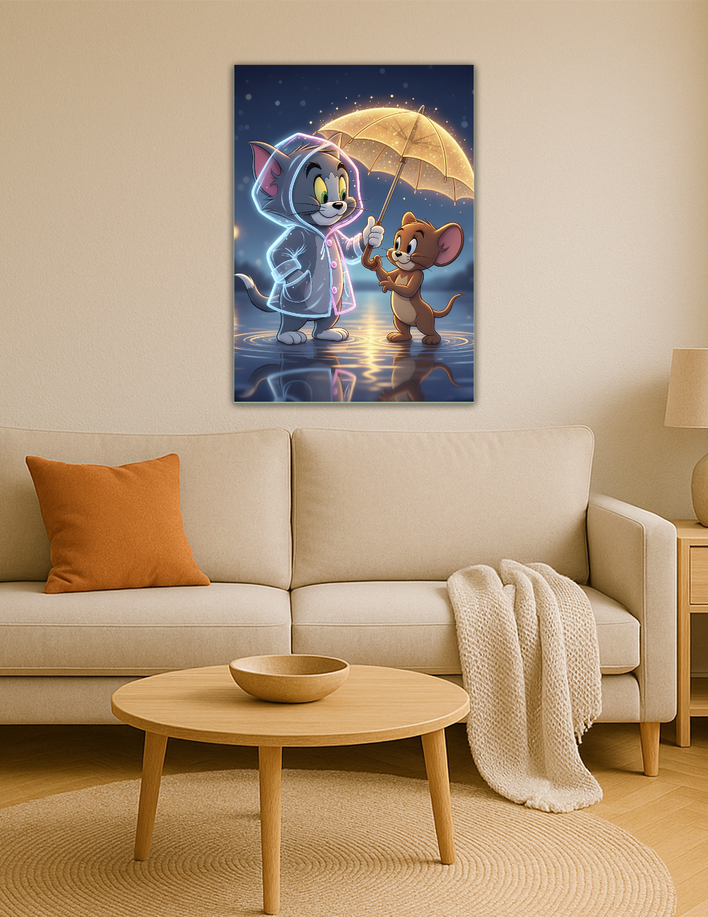 🎨 Tom & Jerry – Yağmur Altında Işıltılı Dostluk Metal Tablo