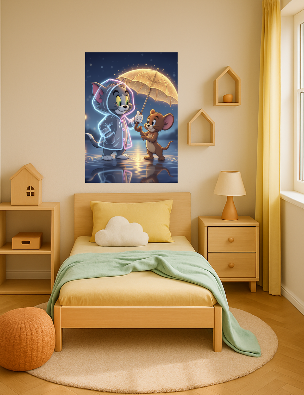 🎨 Tom & Jerry – Yağmur Altında Işıltılı Dostluk Metal Tablo