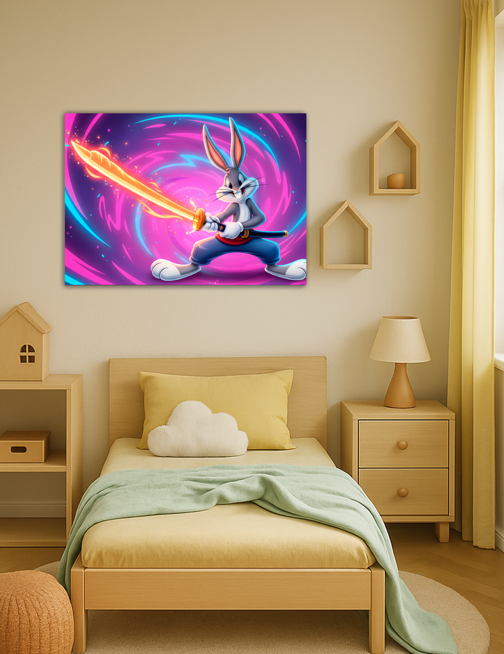 🎨 Bugs Bunny – Neon Havuç Kılıcın Efsanesi Metal Tablo