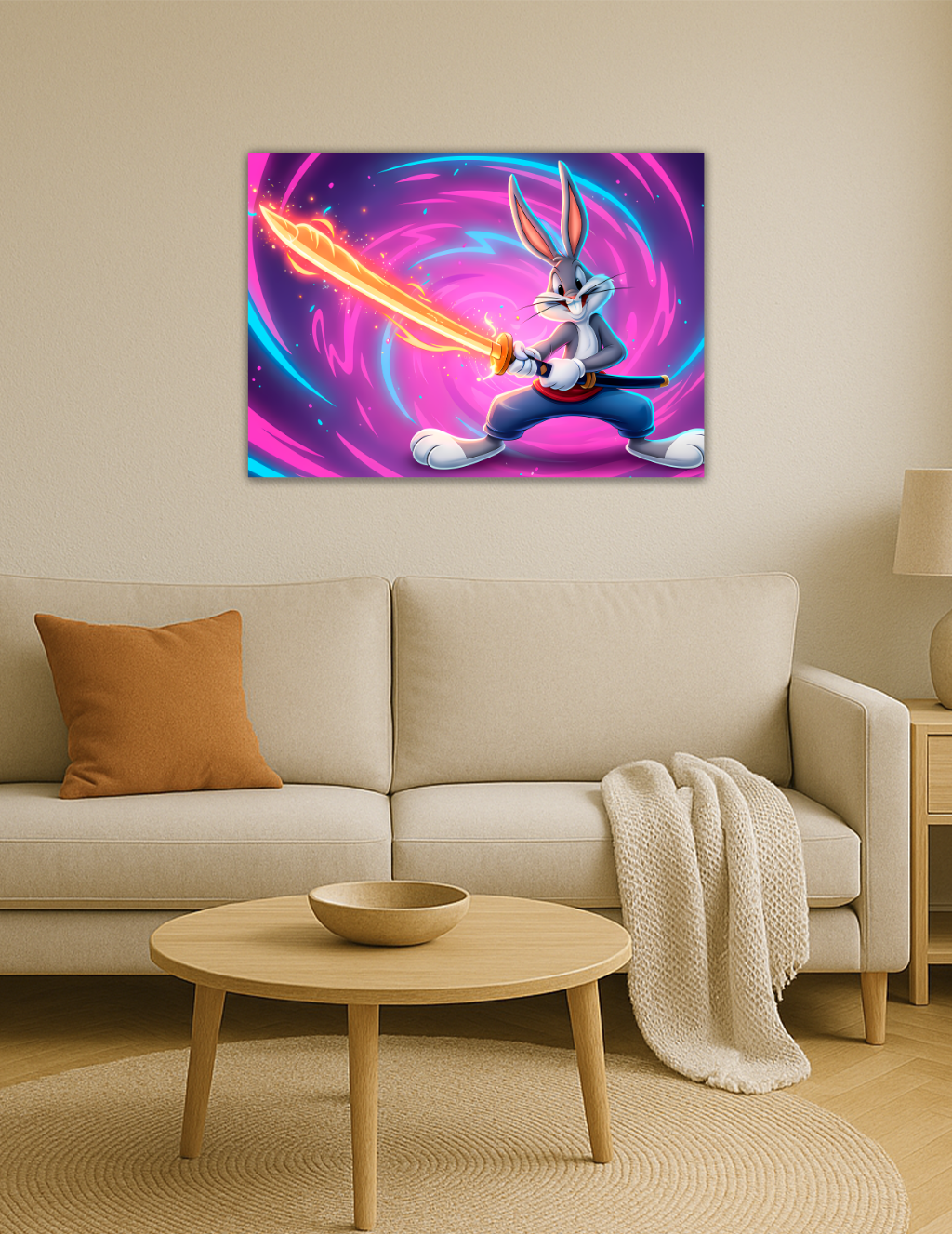 🎨 Bugs Bunny – Neon Havuç Kılıcın Efsanesi Metal Tablo