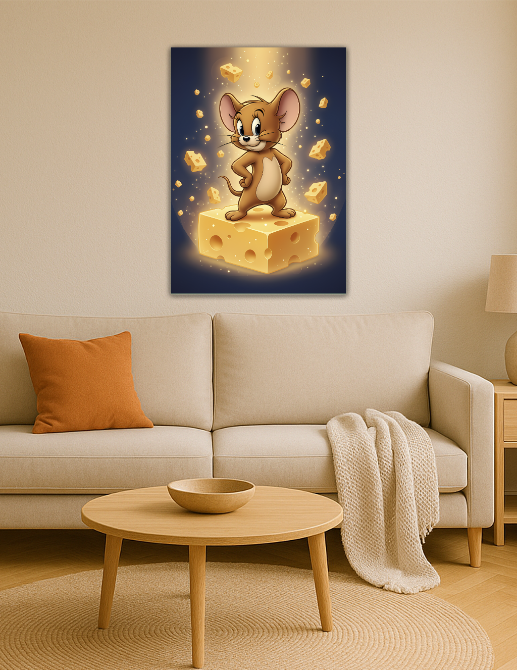 🎨 Tom & Jerry – Jerry Peynir Krallığı Işıltılı Sahne Metal Tablo